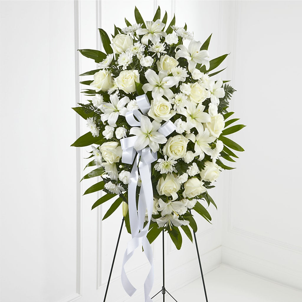 Exquisite Tribute Standing Spray-White Ribbon – Paola Parra Flowers, Clermont FL