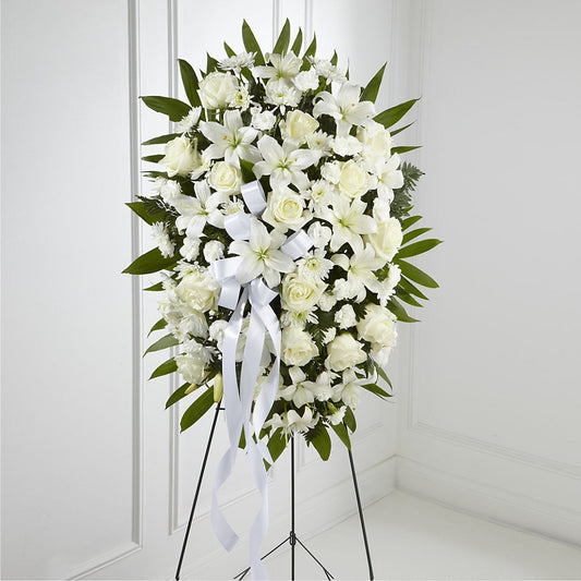 Exquisite Tribute Standing Spray-White Ribbon –  Paola Parra Flowers, Clermont FL