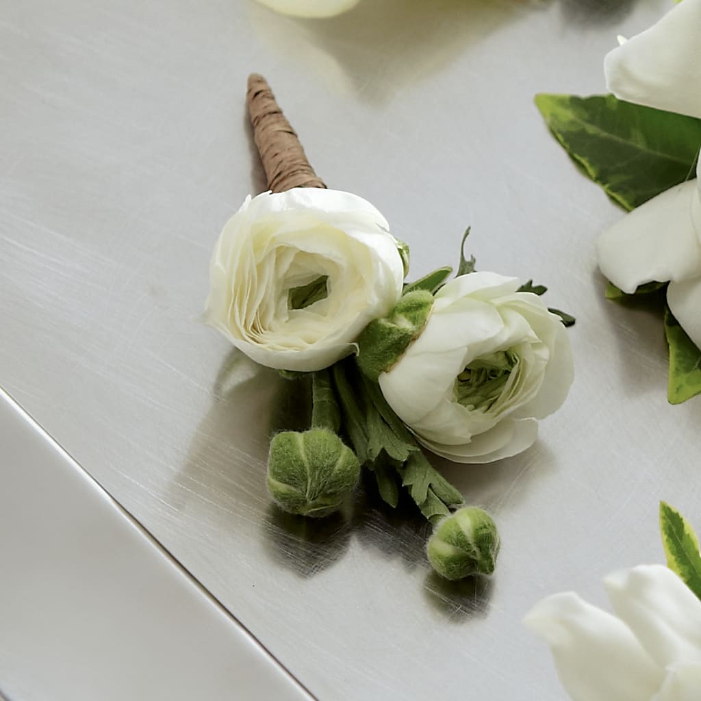 White Ranunculus Boutonniere –  Paola Parra Flowers, Clermont FL